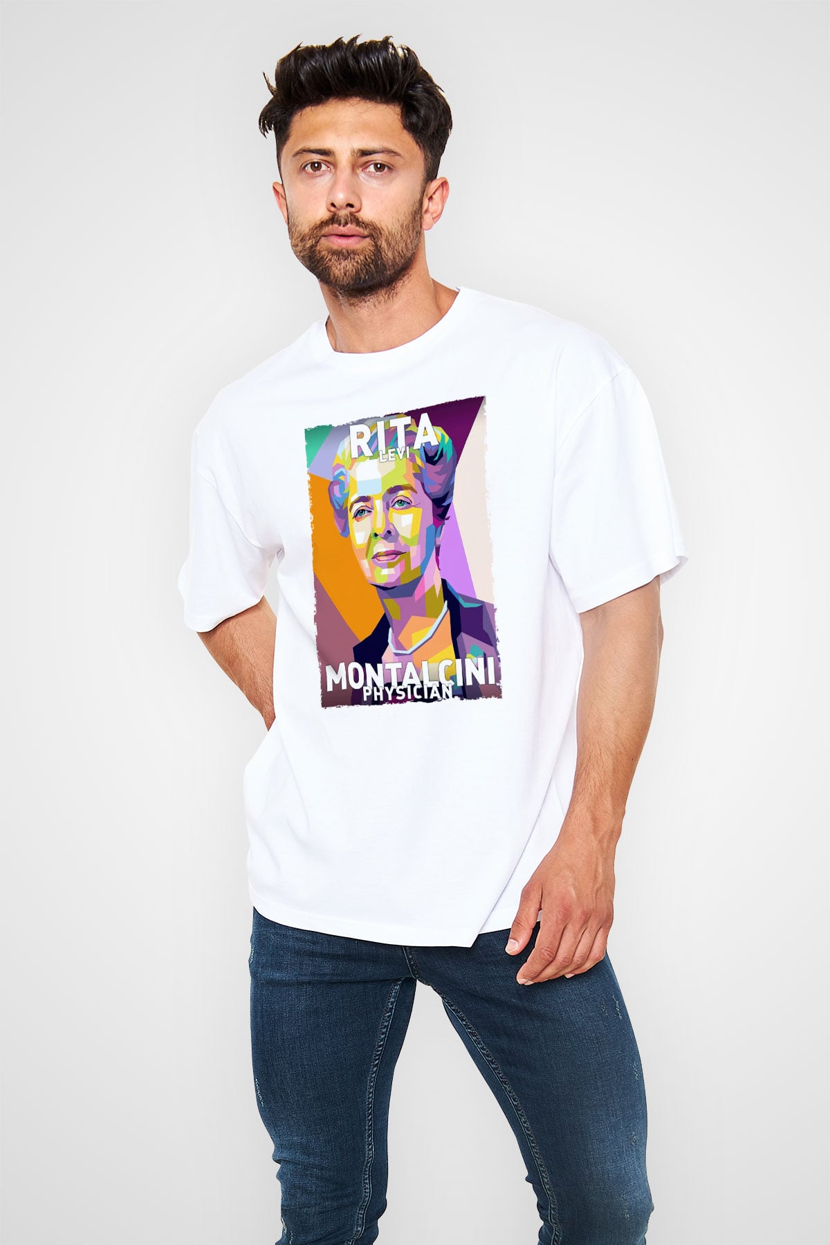 Rita Levi Montalcini Baskılı Unisex Oversize Beyaz Tişört - Tshirt