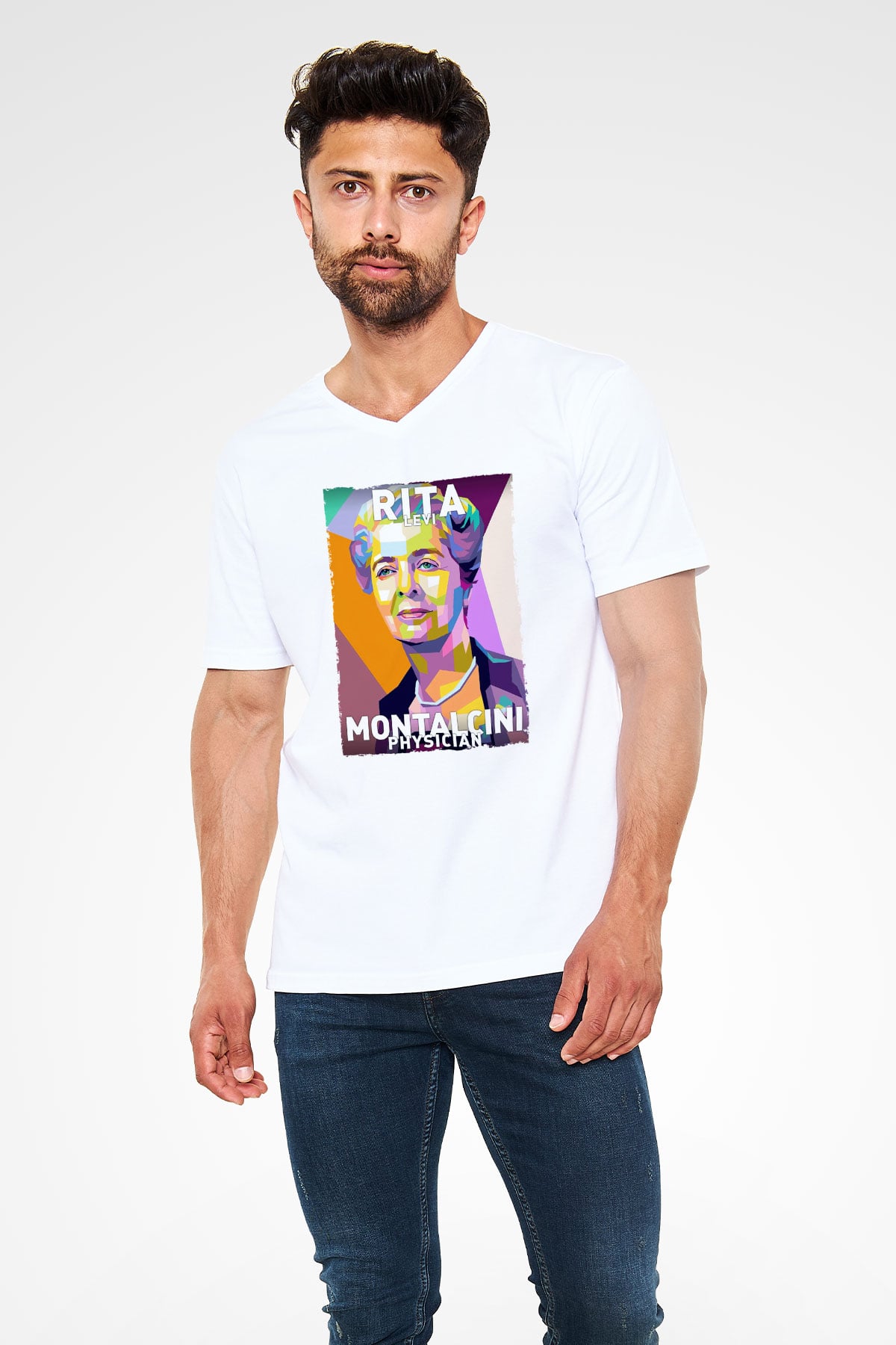 Rita Levi Montalcini Baskılı Unisex V Yaka Beyaz Tişört - Tshirt