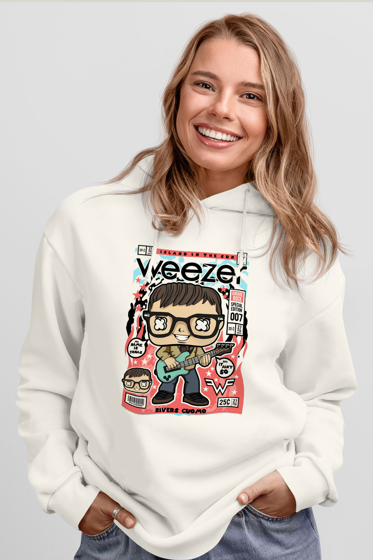 Rivers Cuomo Weezer Baskılı Unisex Beyaz Hoodie