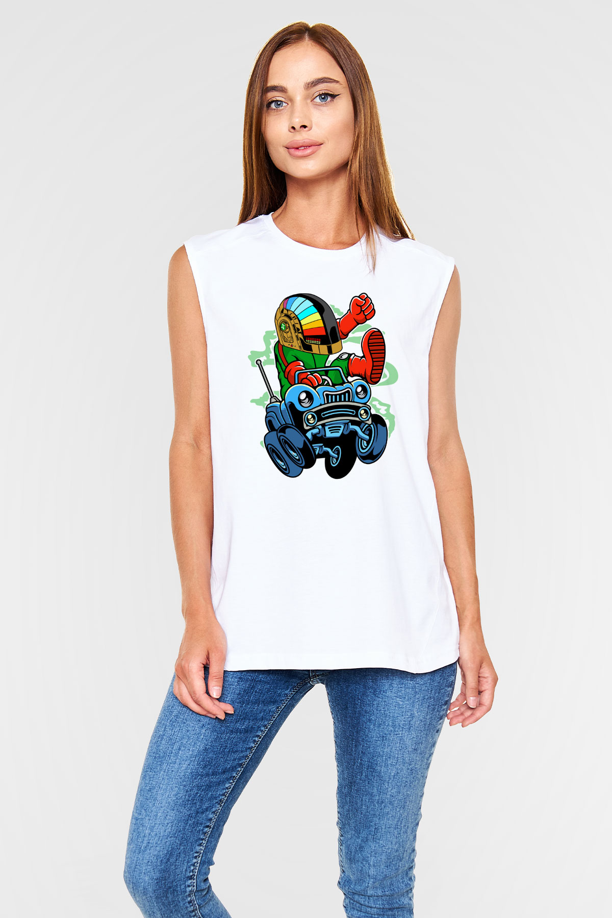 Road Daft Punk Baskılı Beyaz Unisex Kolsuz Tişört