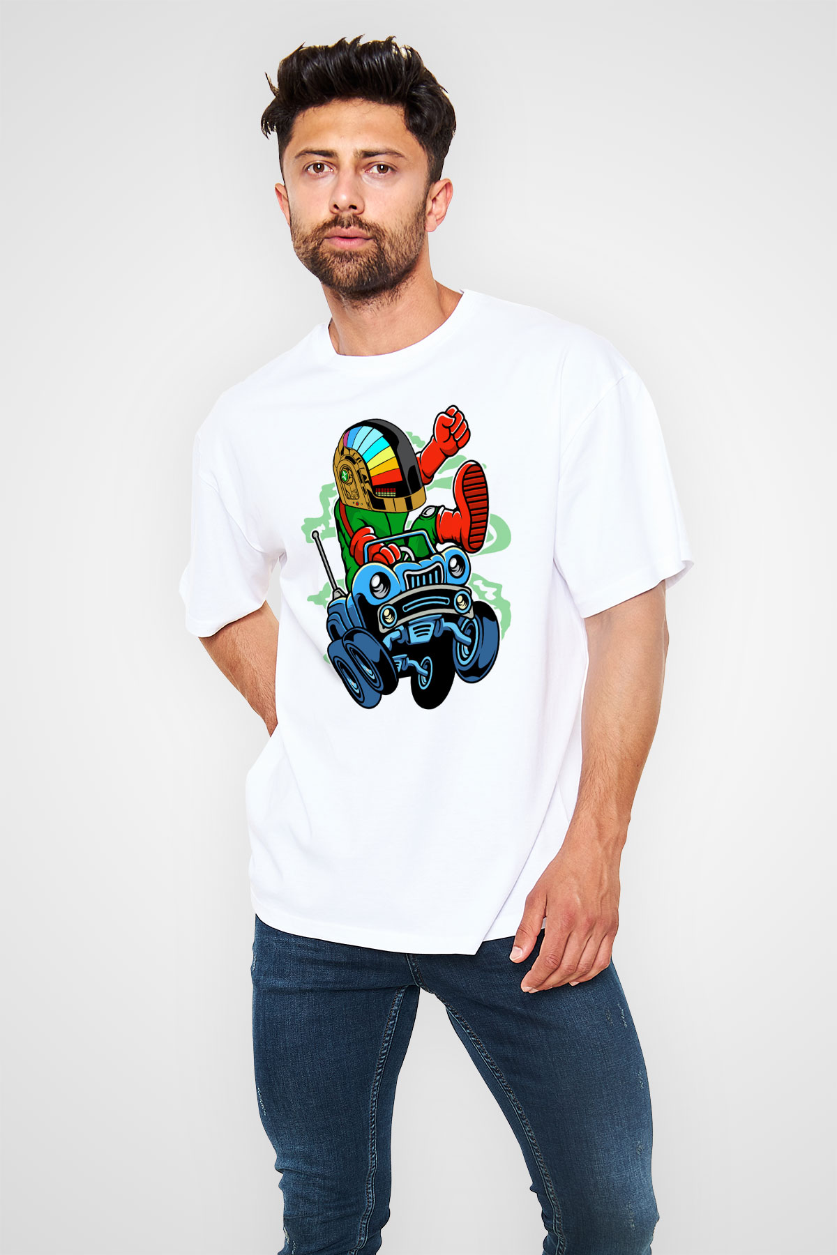 Road Daft Punk Baskılı Beyaz Unisex Oversize Tişört