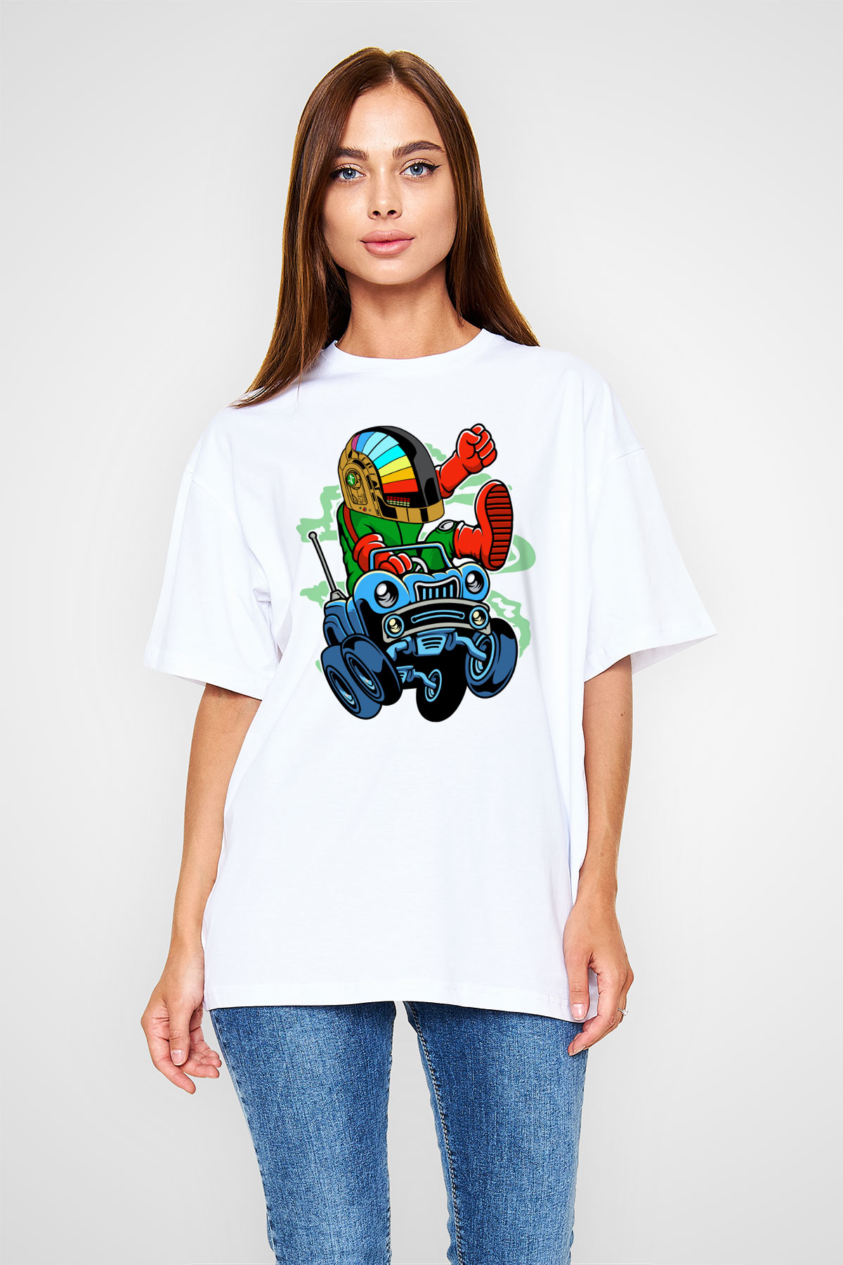 Road Daft Punk Baskılı Beyaz Unisex Oversize Tişört