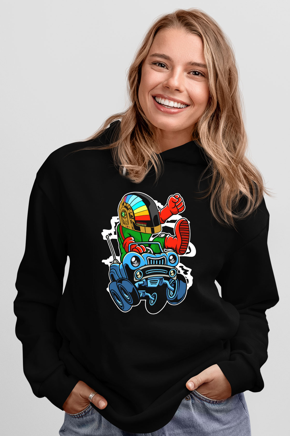 Road Daft Punk Baskılı Siyah Unisex Hoodie