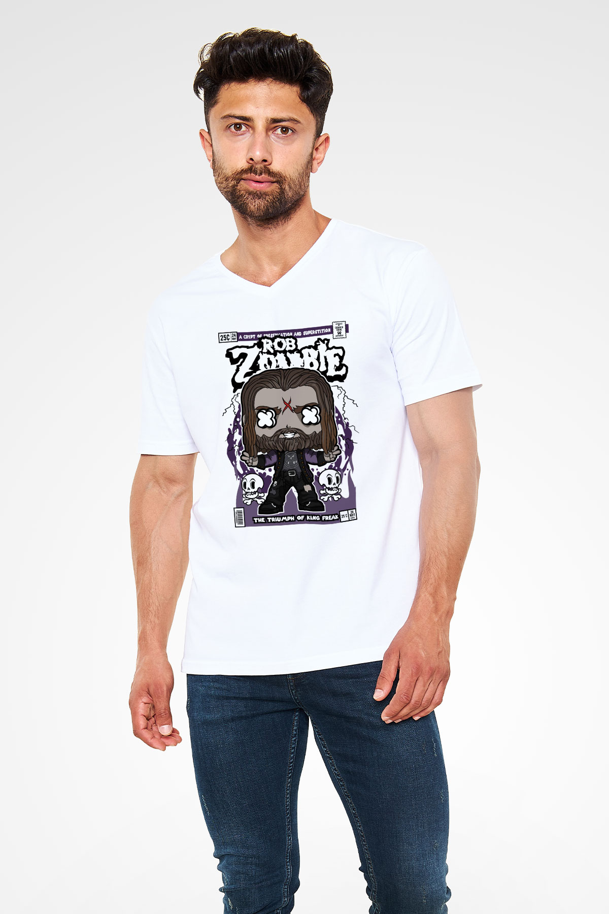 Rob Zombie Baskılı Unisex Beyaz V Yaka Tişört
