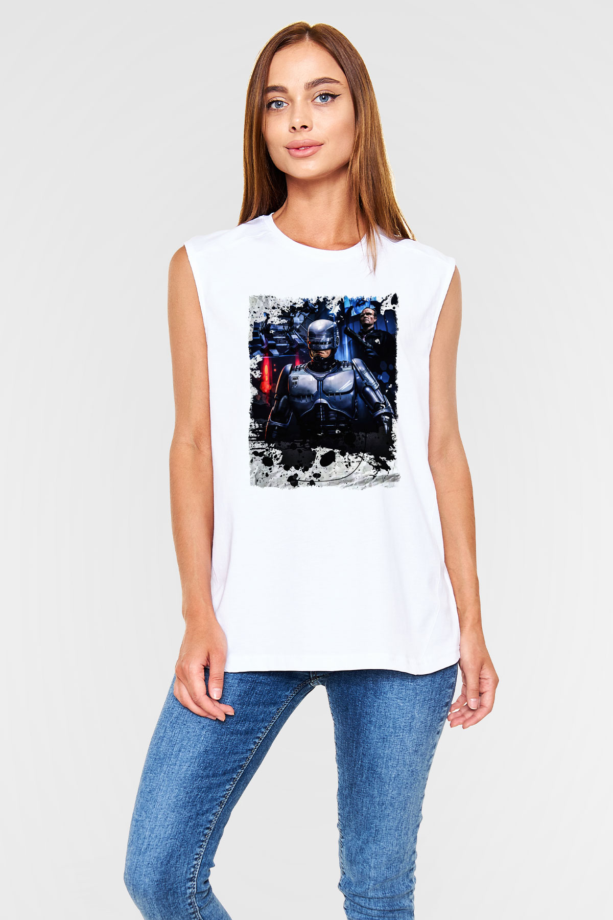 RoboCop Beyaz Unisex Kolsuz Tişört