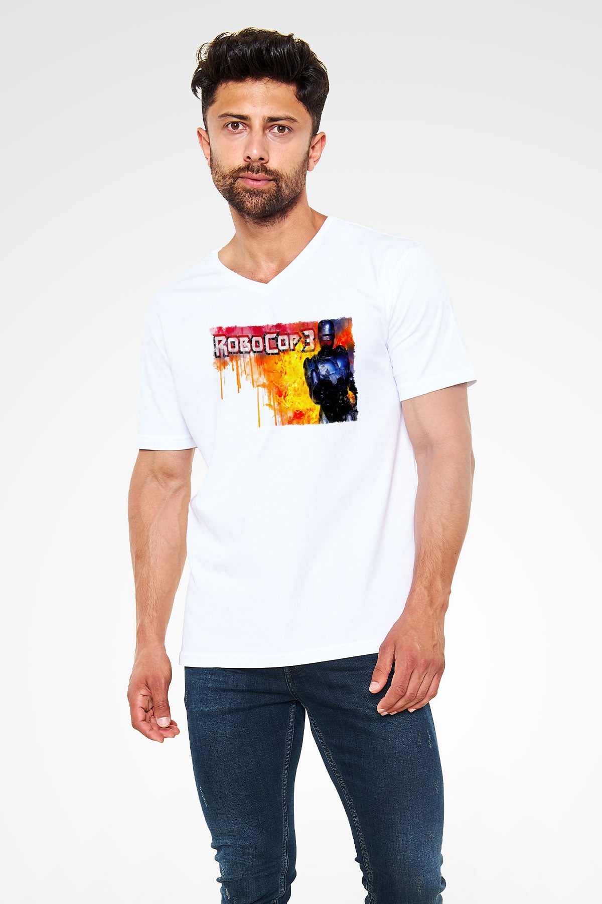 RoboCop Beyaz Unisex V Yaka Tişört