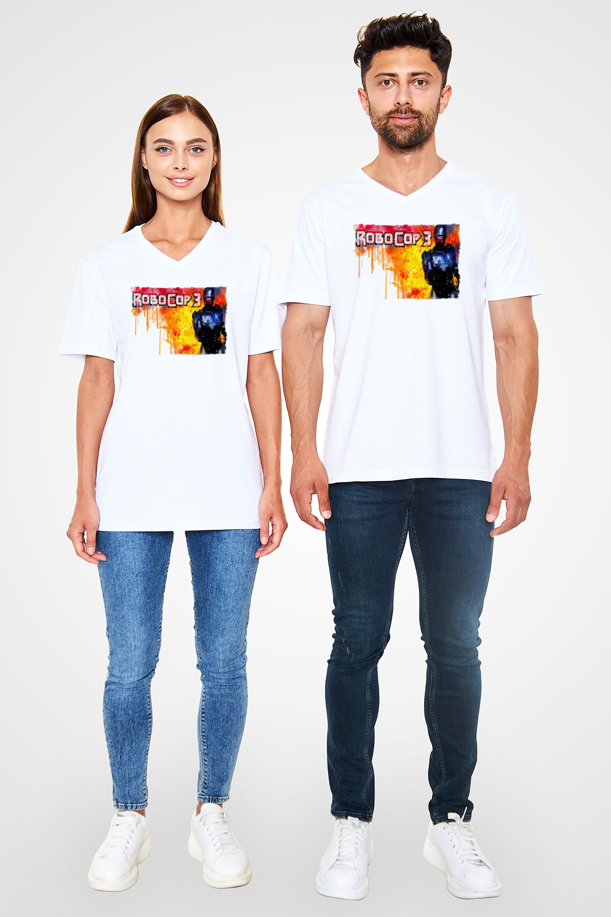 RoboCop Beyaz Unisex V Yaka Tişört