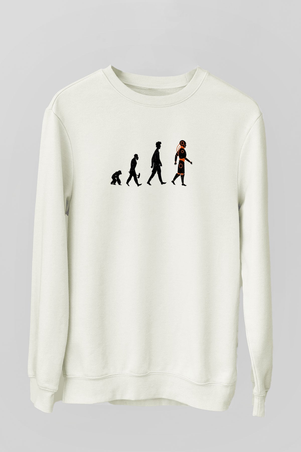 Robot Evrimi Baskılı Unisex Ekru Sweatshirt