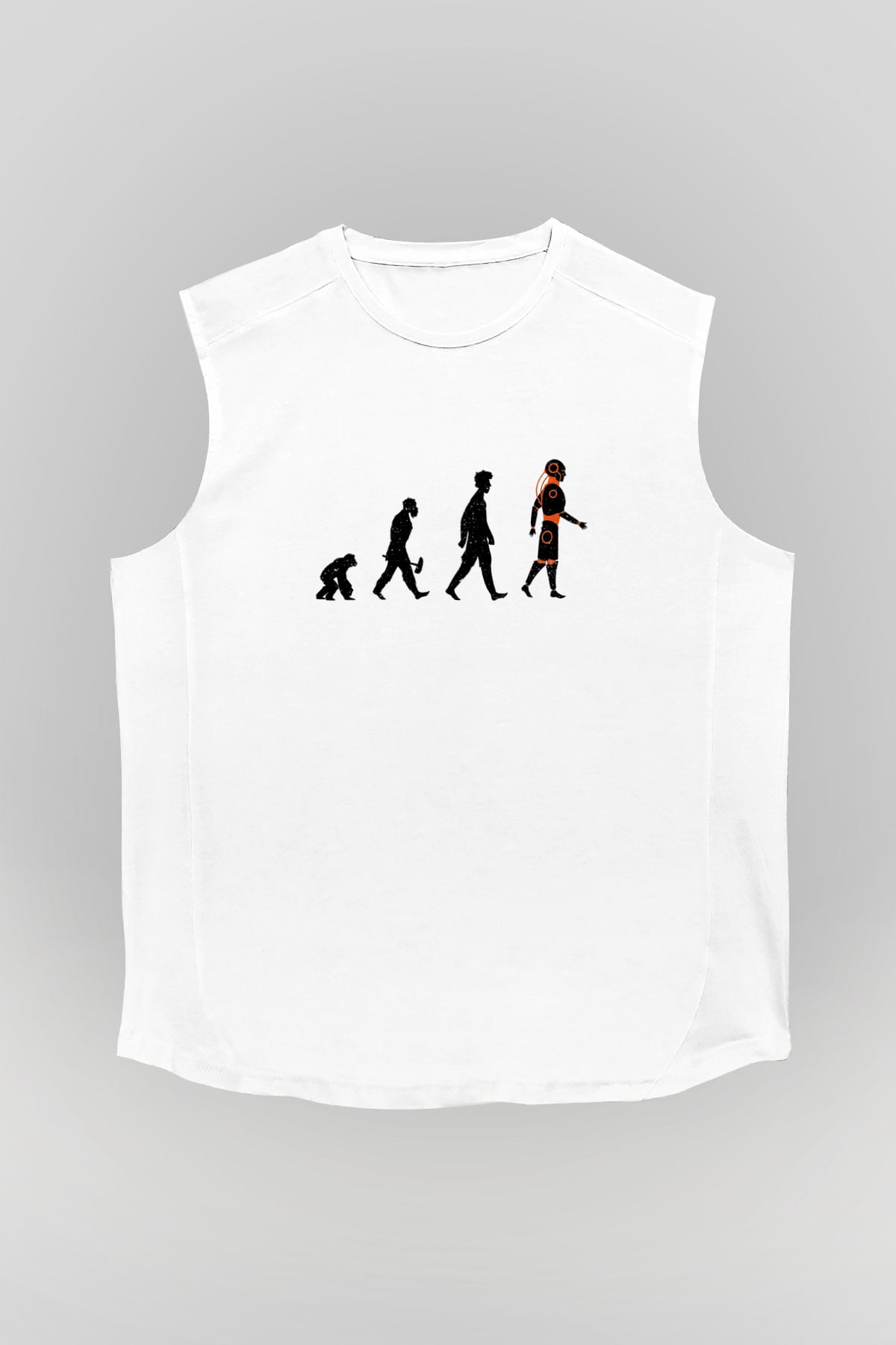Robot Evrimi Baskılı Unisex Kolsuz Beyaz Tişört - Tshirt