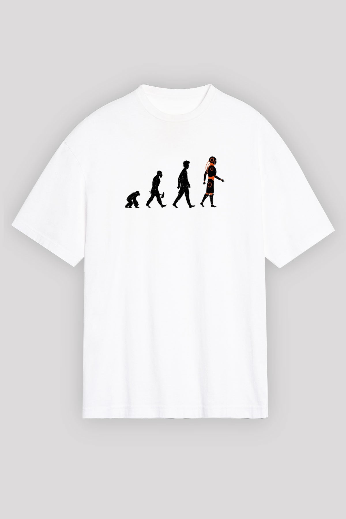 Robot Evrimi Baskılı Unisex Oversize Beyaz Tişört - Tshirt