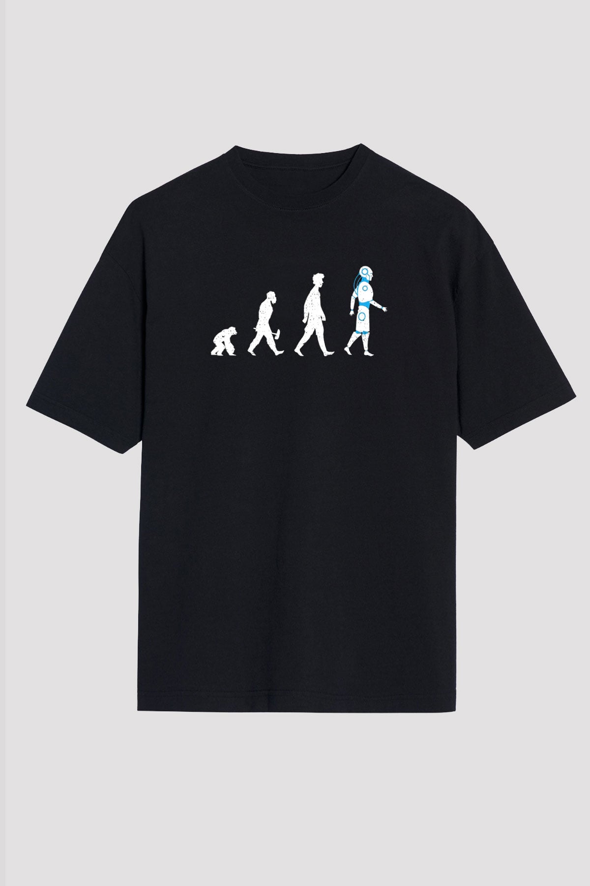Robot Evrimi Baskılı Unisex Oversize Tişört - Tshirt