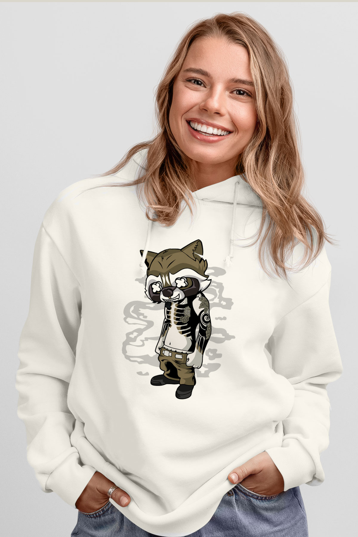 Rocket Gangster Baskılı Beyaz Unisex Hoodie