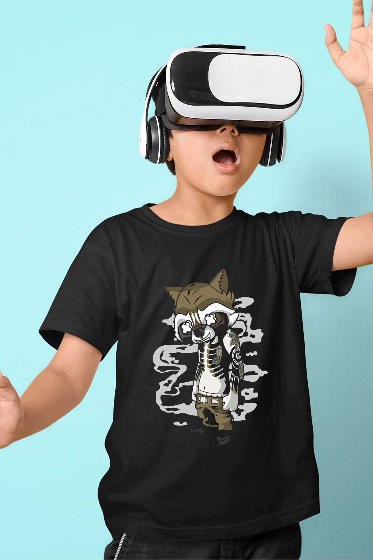 Rocket Gangster Baskılı Siyah Çocuk Unisex Tişört