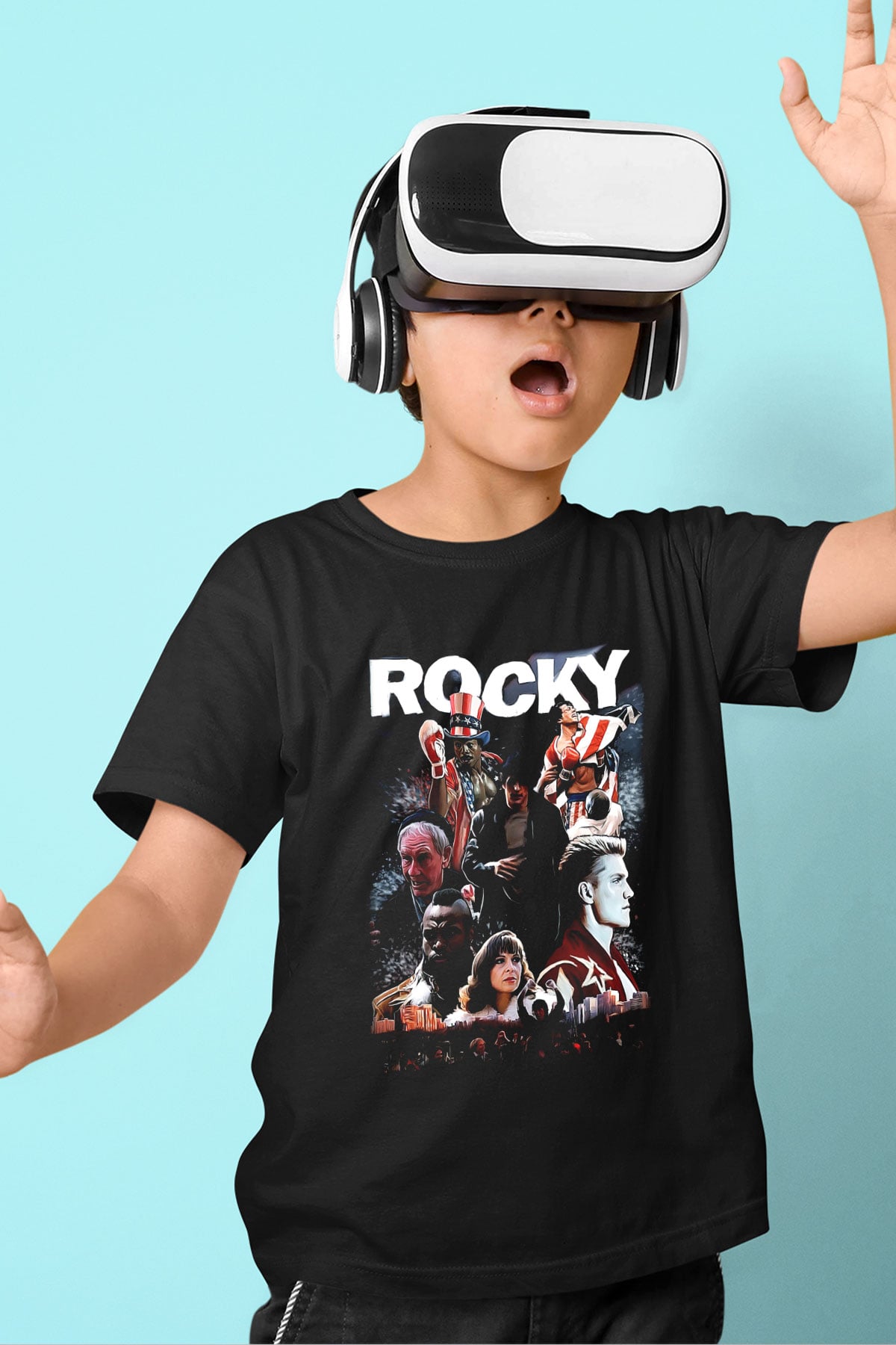 Rocky Baskılı Siyah Unisex Çocuk Tişört