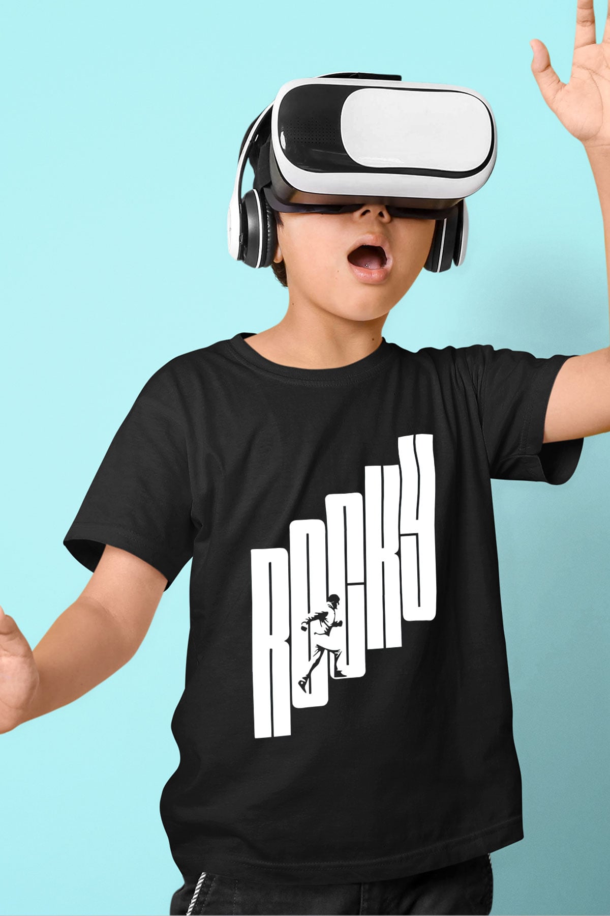 Rocky Baskılı Siyah Unisex Çocuk Tişört