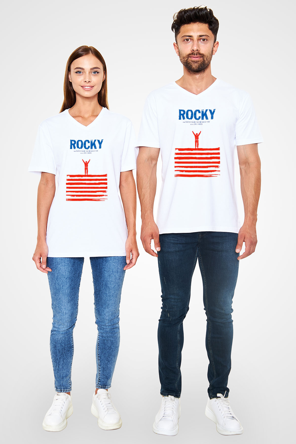 Rocky Beyaz Unisex V Yaka Tişört T-Shirt