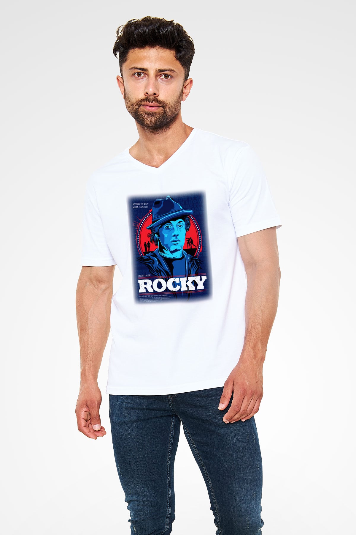 Rocky Beyaz Unisex V Yaka Tişört T-Shirt