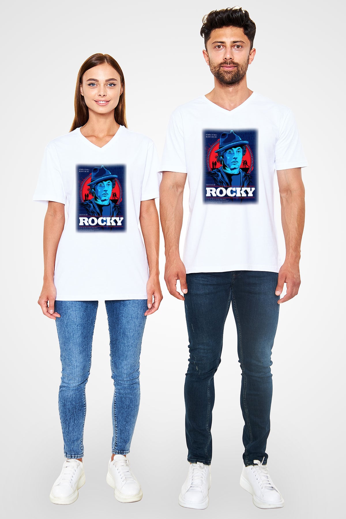 Rocky Beyaz Unisex V Yaka Tişört T-Shirt