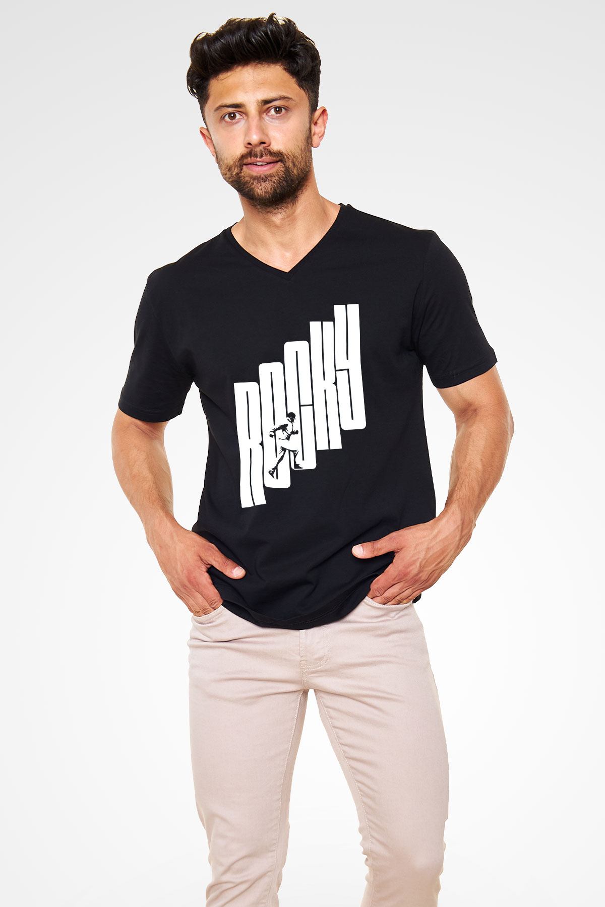 Rocky Siyah Unisex V Yaka Tişört T-Shirt
