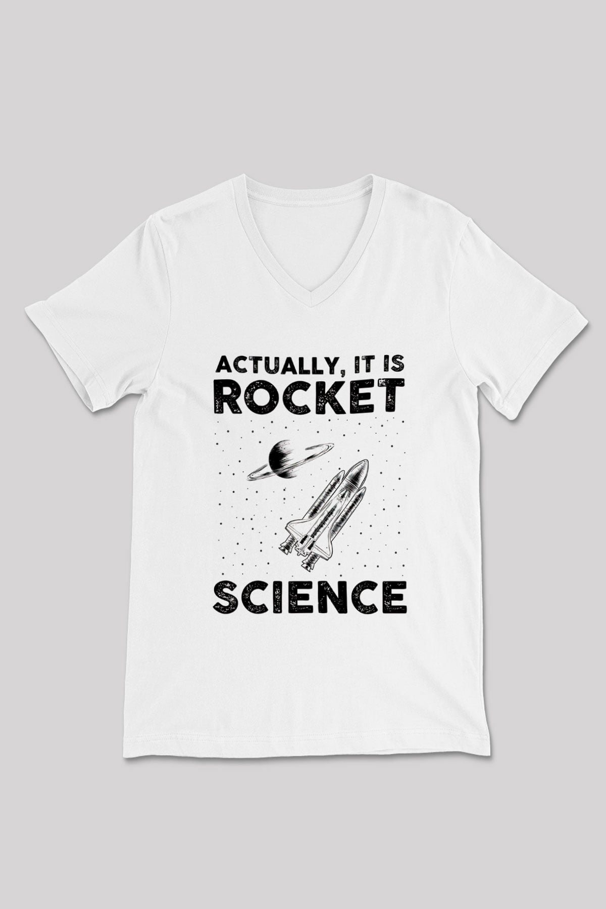 Roket Bilim Baskılı Unisex V Yaka Beyaz Tişört - Tshirt