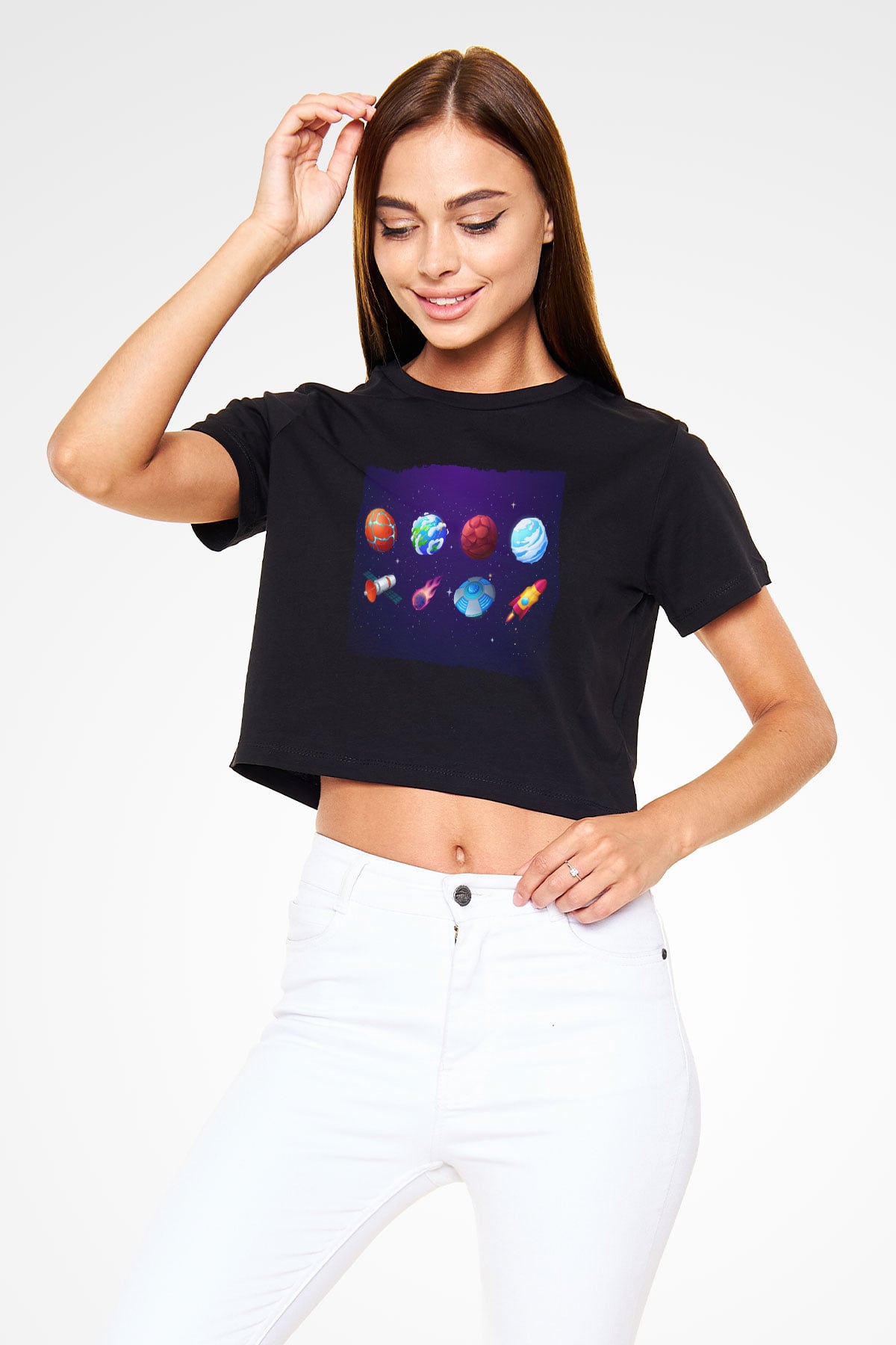 Roketler Ve Gezegenler Baskılı Siyah Kadın Crop Top Tişört