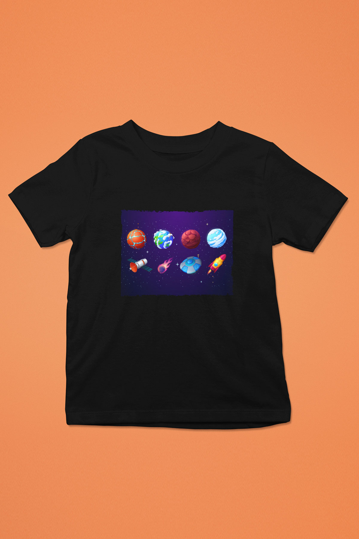 Roketler Ve Gezegenler Baskılı Unisex Siyah Çocuk Tişört