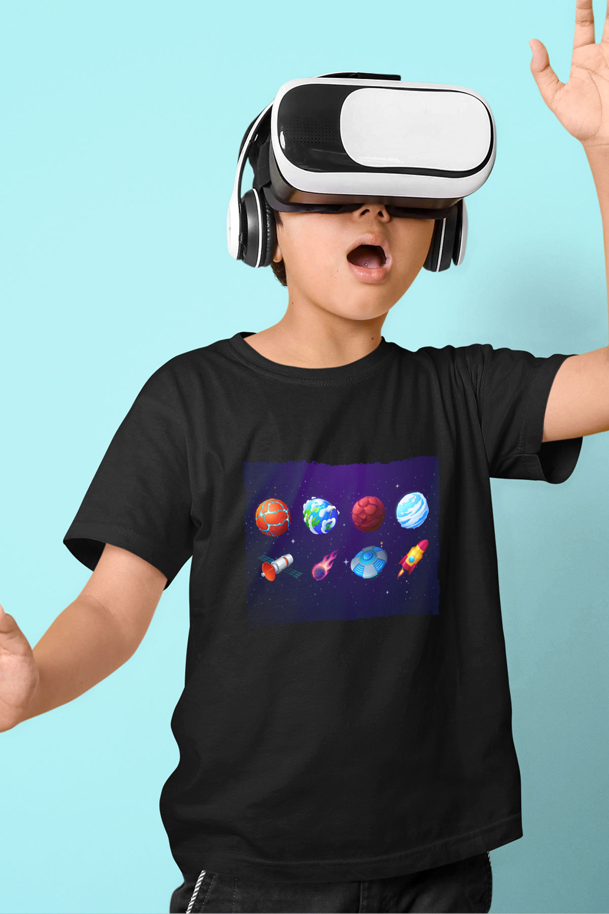 Roketler Ve Gezegenler Baskılı Unisex Siyah Çocuk Tişört