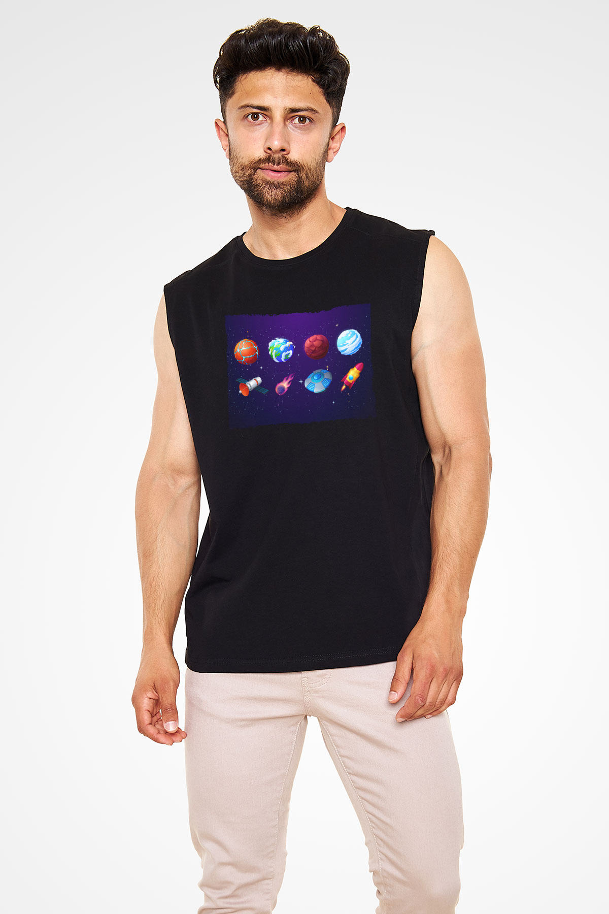Roketler Ve Gezegenler Baskılı Unisex Siyah Kolsuz Tişört