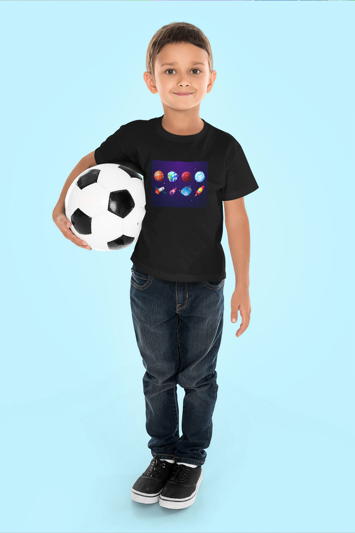 Roketler Ve Gezegenler Baskılı Unisex Siyah Çocuk Tişört