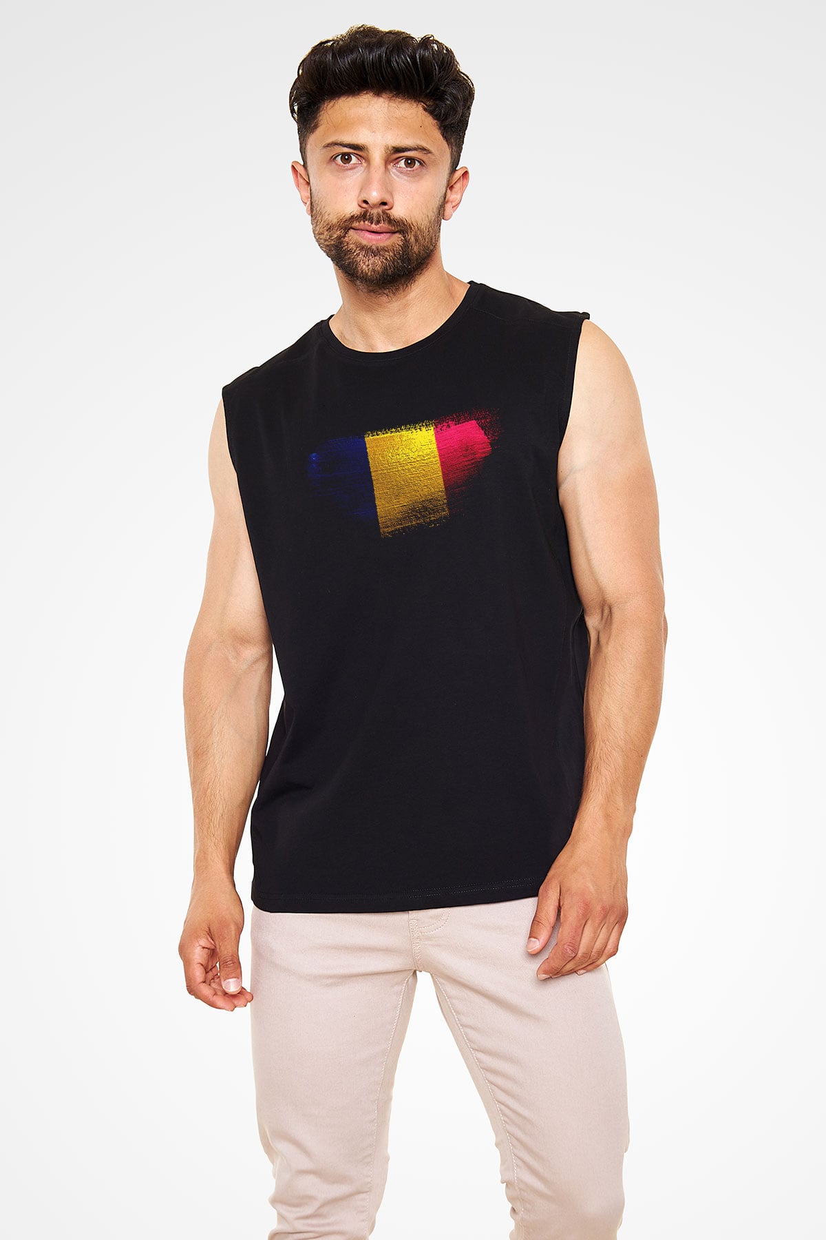 Romanya - Romania Bayrağı Baskılı Unisex Siyah Kolsuz Tişört