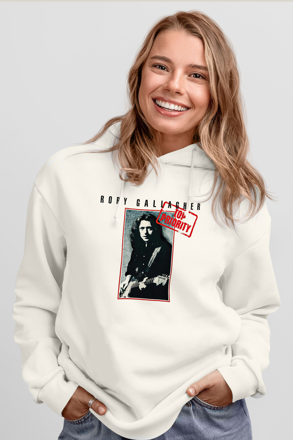 Rory Gallagher Baskılı Beyaz Unisex Kapüşonlu Sweatshirt