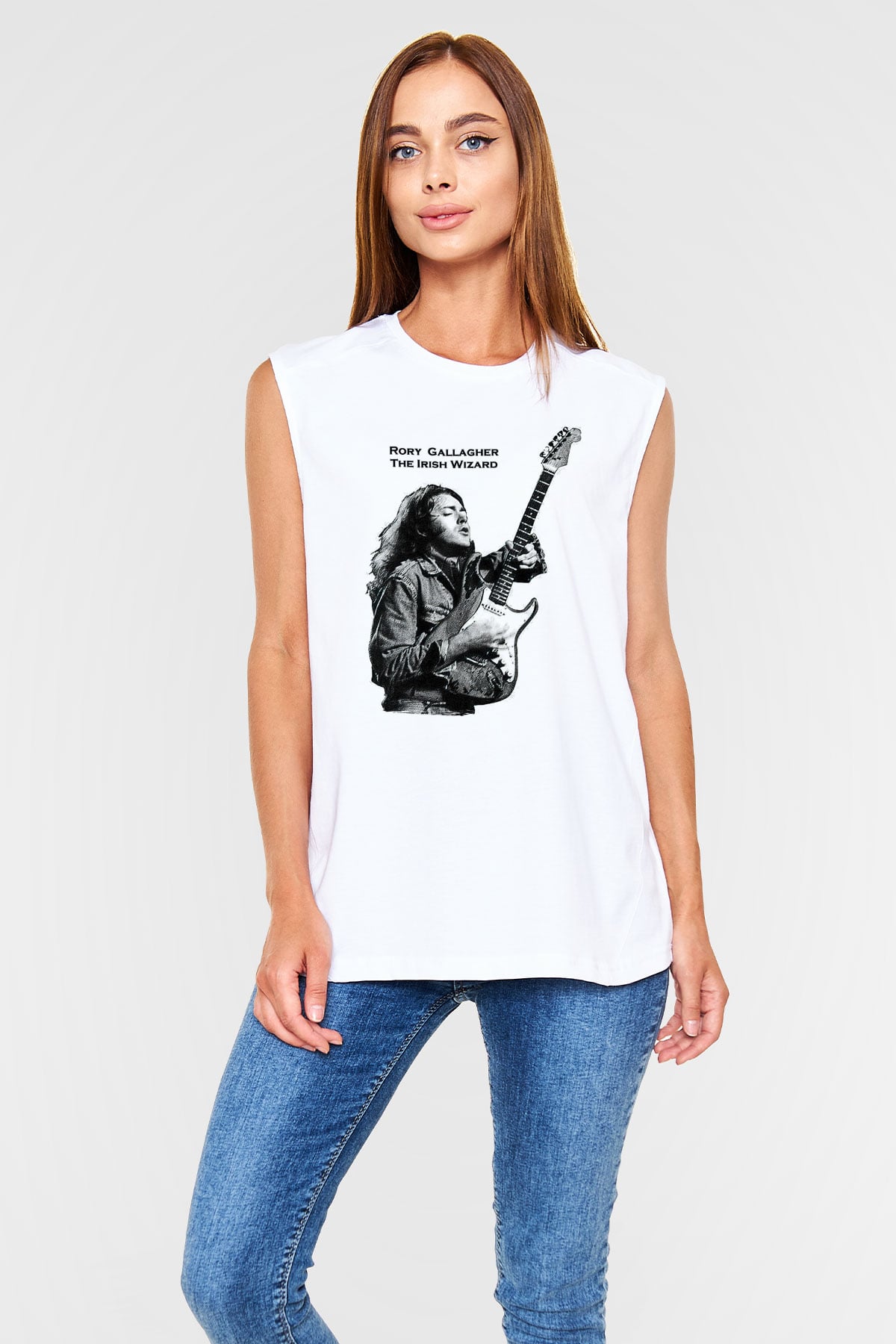 Rory Gallagher Baskılı Beyaz Unisex Kolsuz Tişört - Tshirt