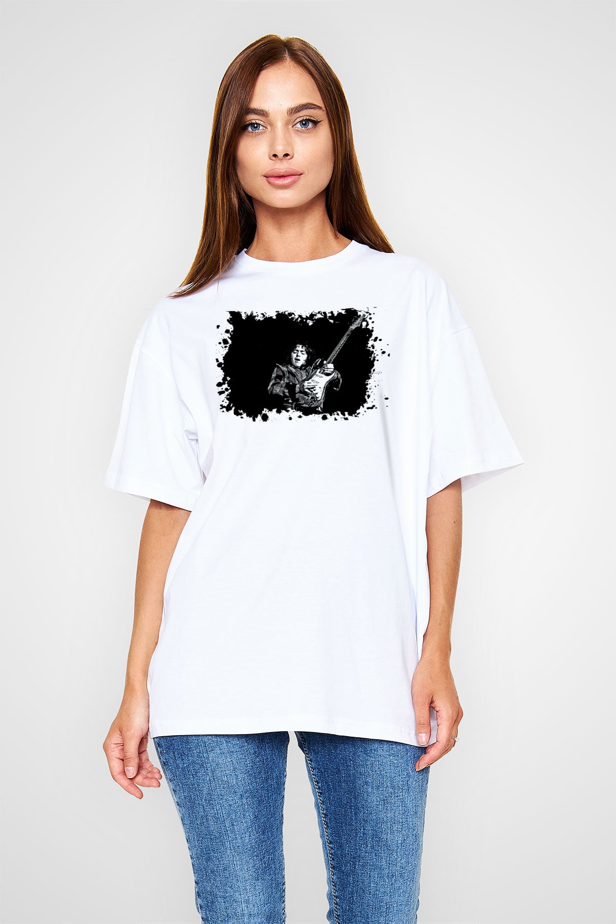 Rory Gallagher Baskılı Beyaz Unisex Oversize Tişört - Tshirt