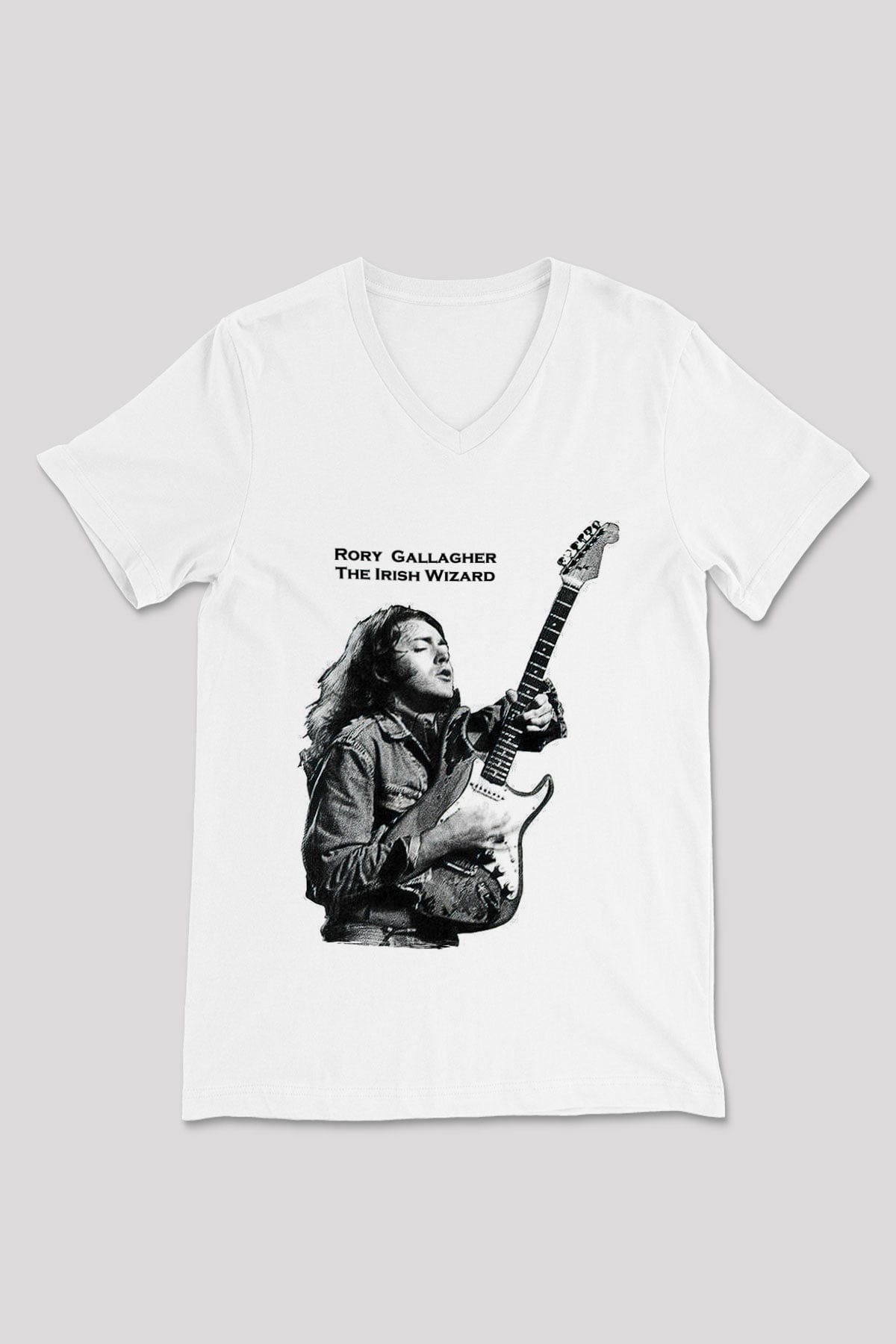 Rory Gallagher Baskılı Beyaz Unisex V Yaka Tişört - Tshirt