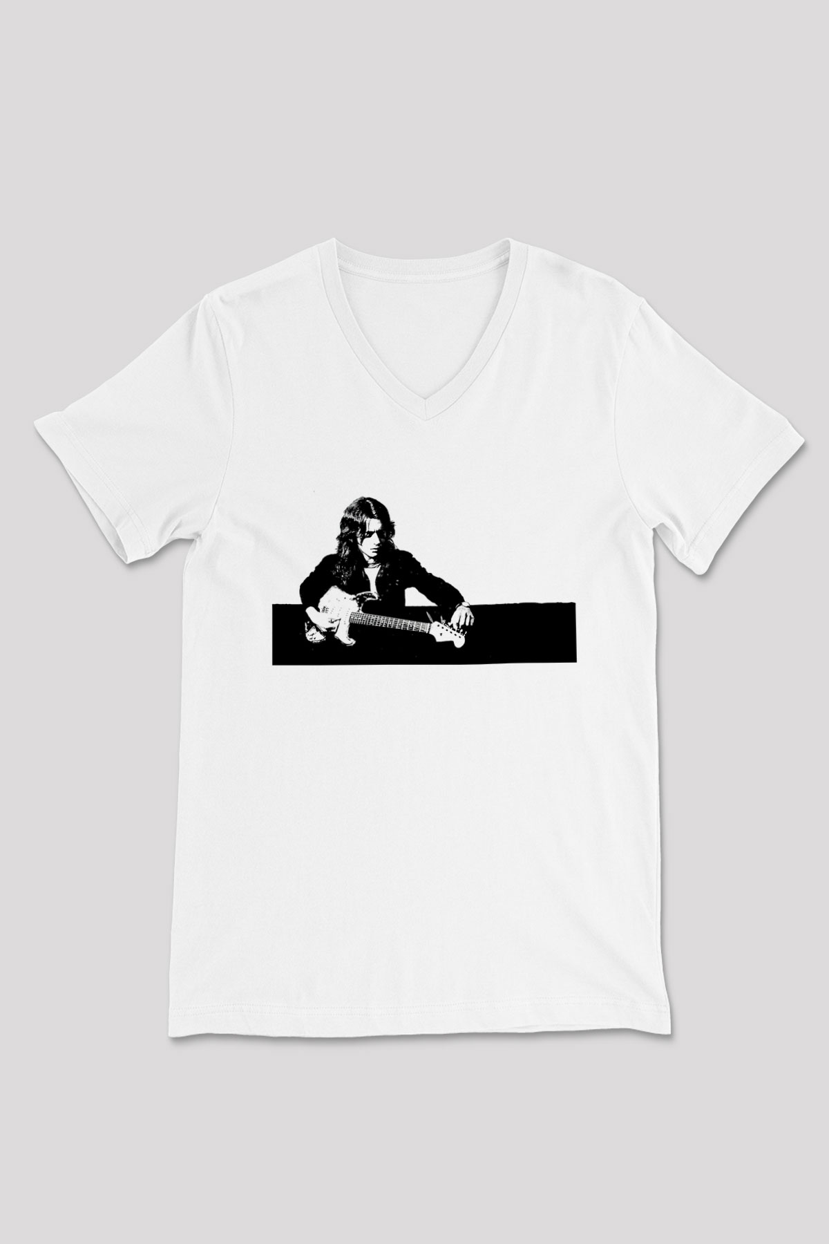 Rory Gallagher Baskılı Beyaz Unisex V Yaka Tişört - Tshirt