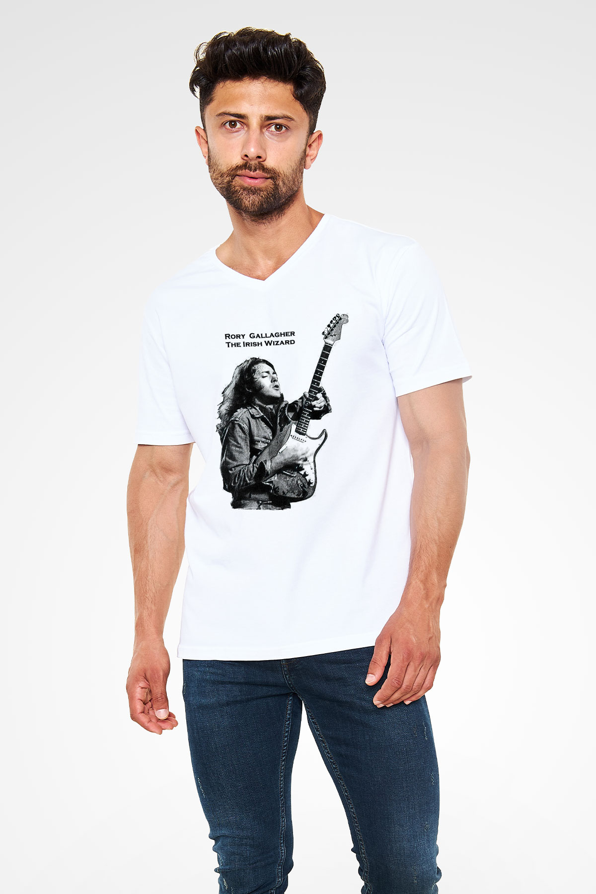 Rory Gallagher Baskılı Beyaz Unisex V Yaka Tişört - Tshirt