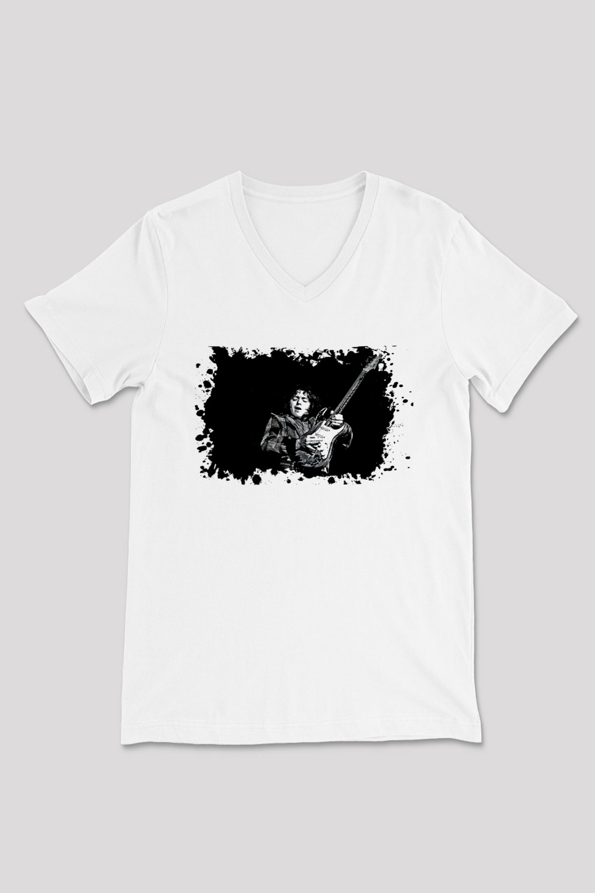 Rory Gallagher Baskılı Beyaz Unisex V Yaka Tişört - Tshirt