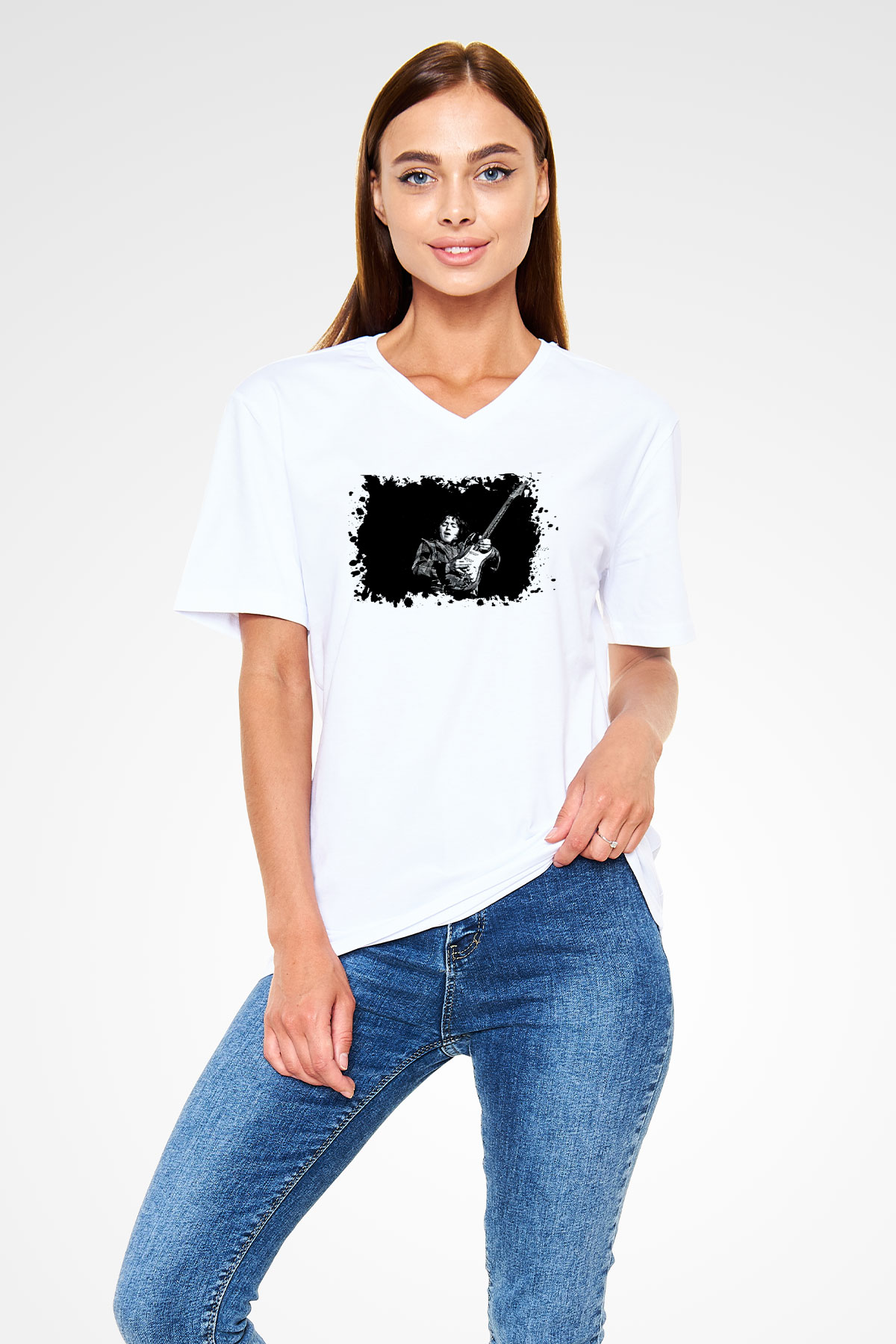 Rory Gallagher Baskılı Beyaz Unisex V Yaka Tişört - Tshirt