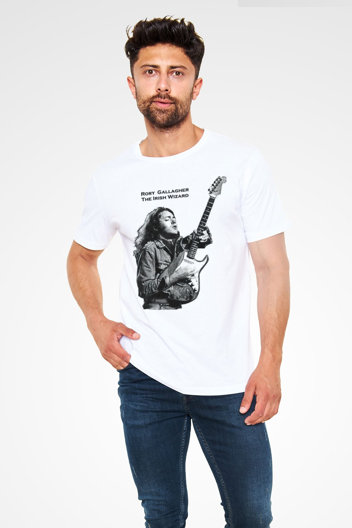 Rory Gallagher Baskılı Unisex Beyaz Tişört - Tshirt