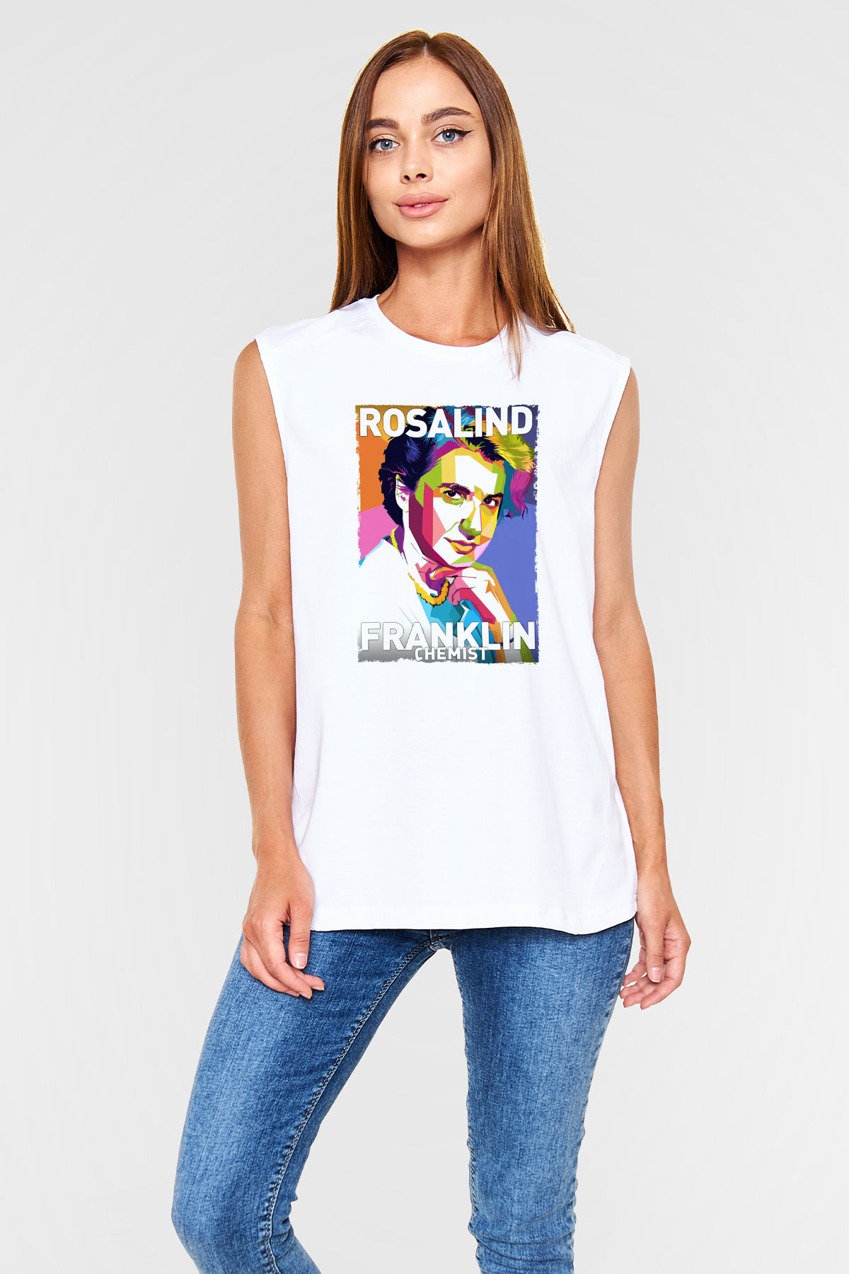 Rosalind Franklin Baskılı Unisex Kolsuz Beyaz Tişört - Tshirt