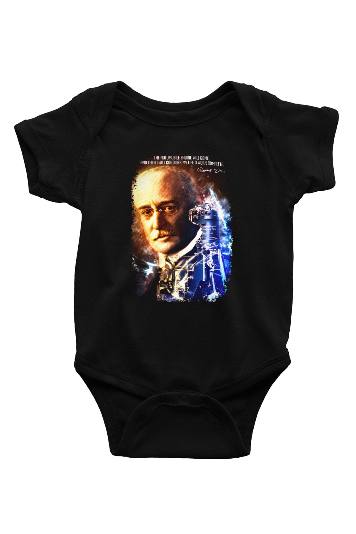 Rudolf Diesel Baskılı Unisex  Siyah Bebek Body - Zıbın