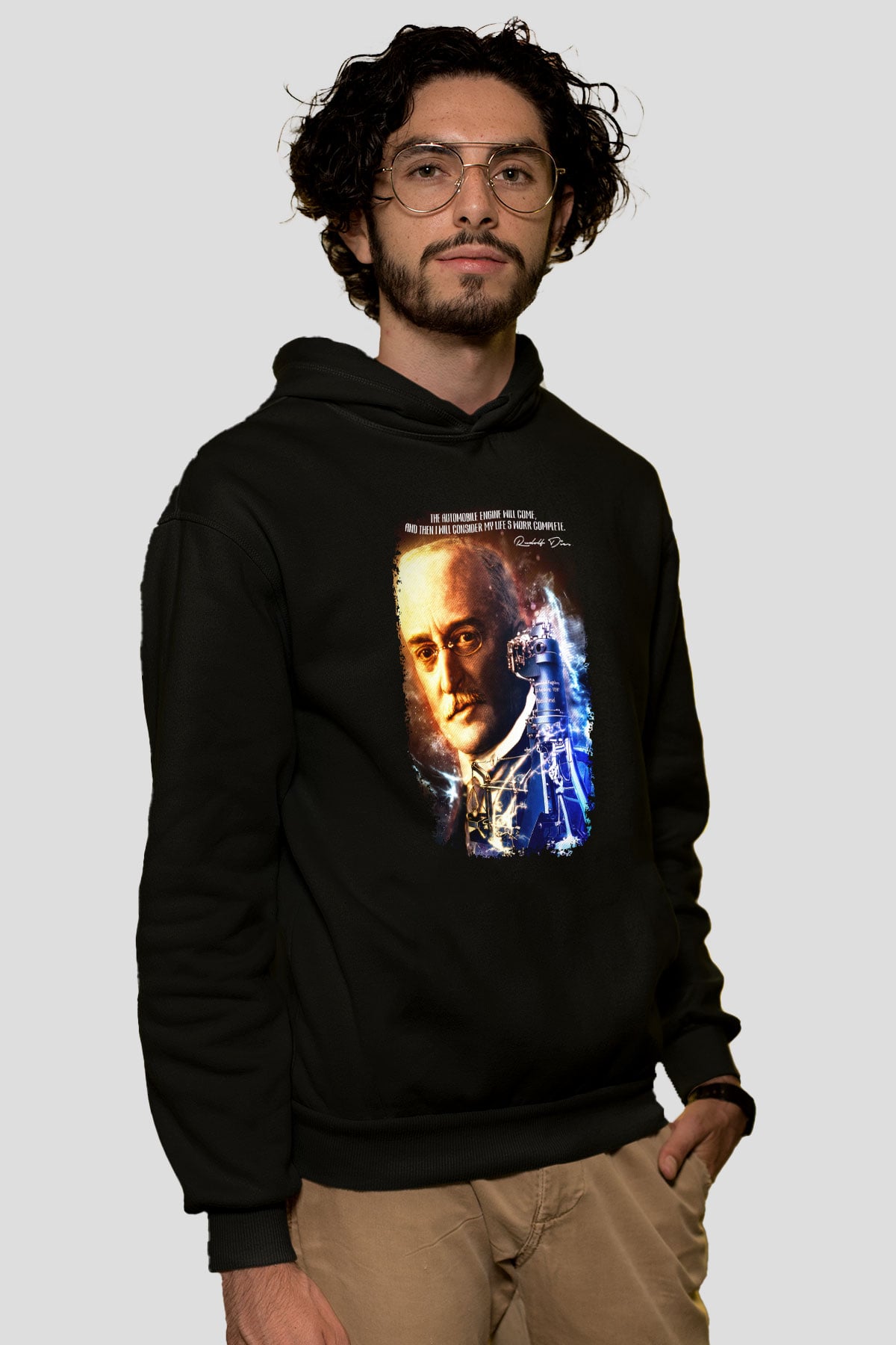 Rudolf Diesel Baskılı Unisex Siyah Kapüşonlu Sweatshirt