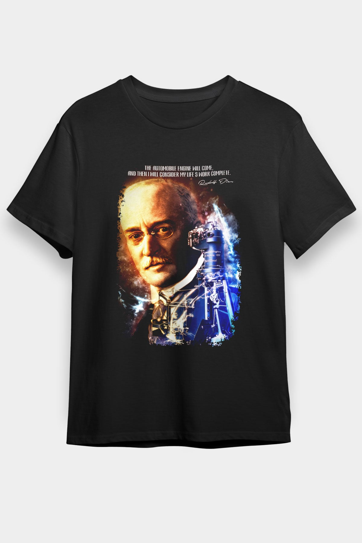 Rudolf Diesel Baskılı Unisex Siyah Tişört - Tshirt