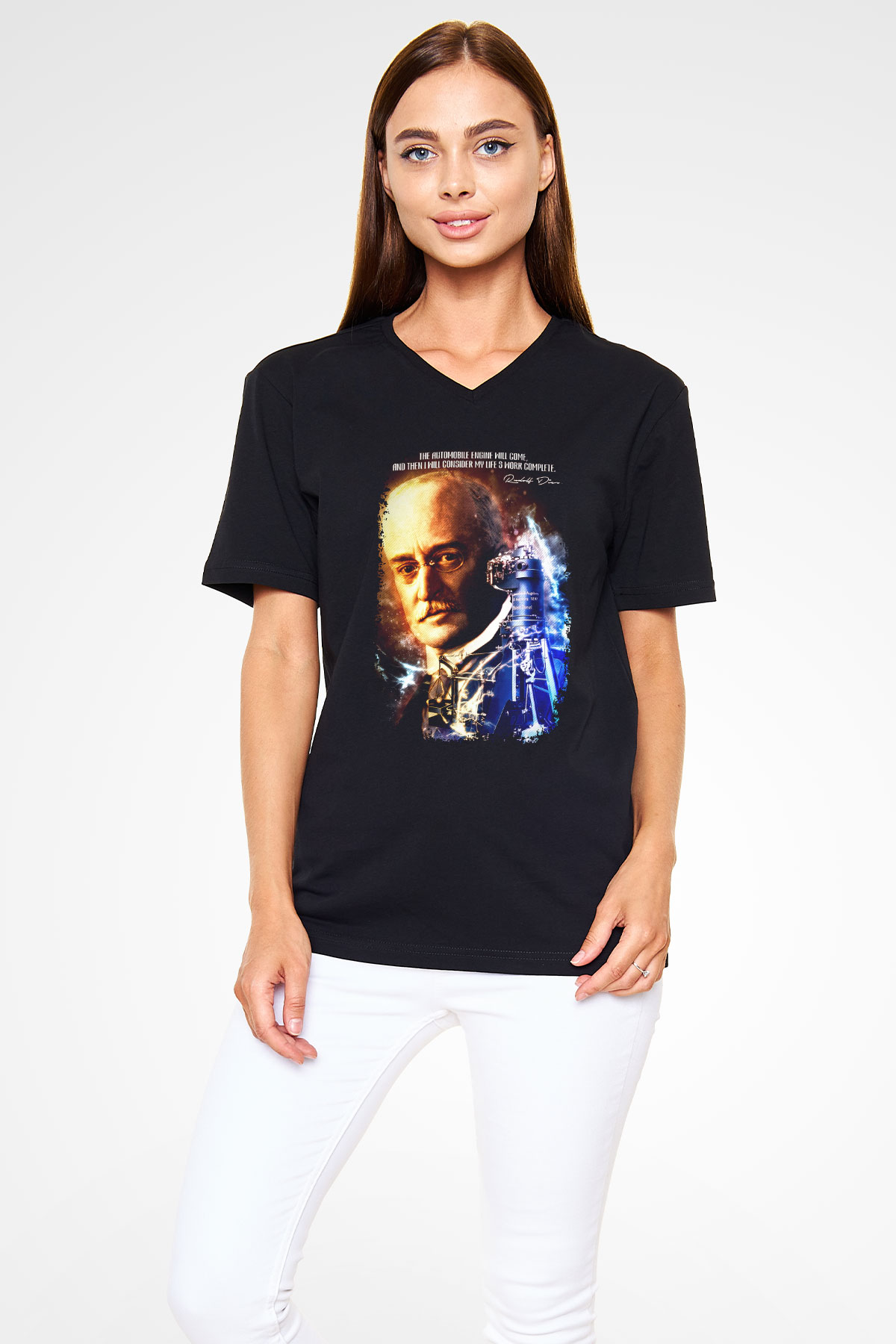 Rudolf Diesel Baskılı Unisex V Yaka Siyah Tİşört - Tshirt
