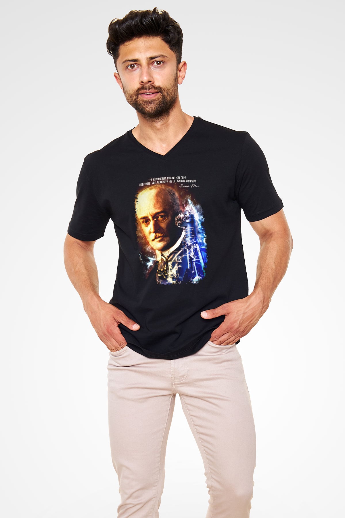 Rudolf Diesel Baskılı Unisex V Yaka Siyah Tİşört - Tshirt