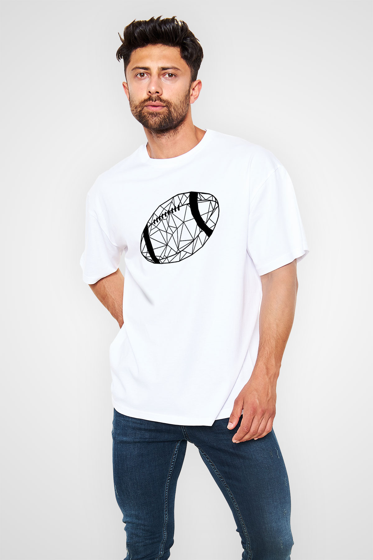 Rugby Baskılı Unisex Beyaz Oversize Tişört - Tshirt