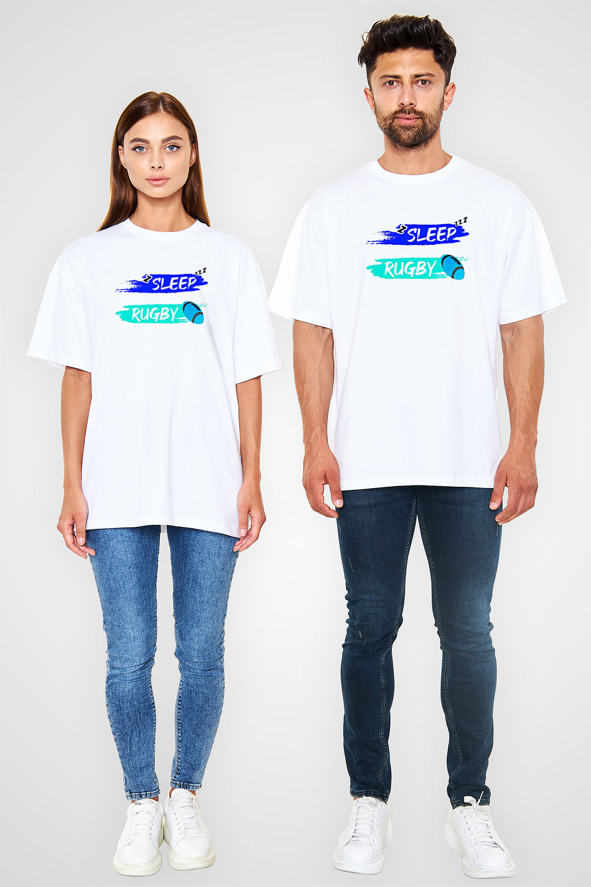 Rugby Baskılı Unisex Beyaz Oversize Tişört - Tshirt