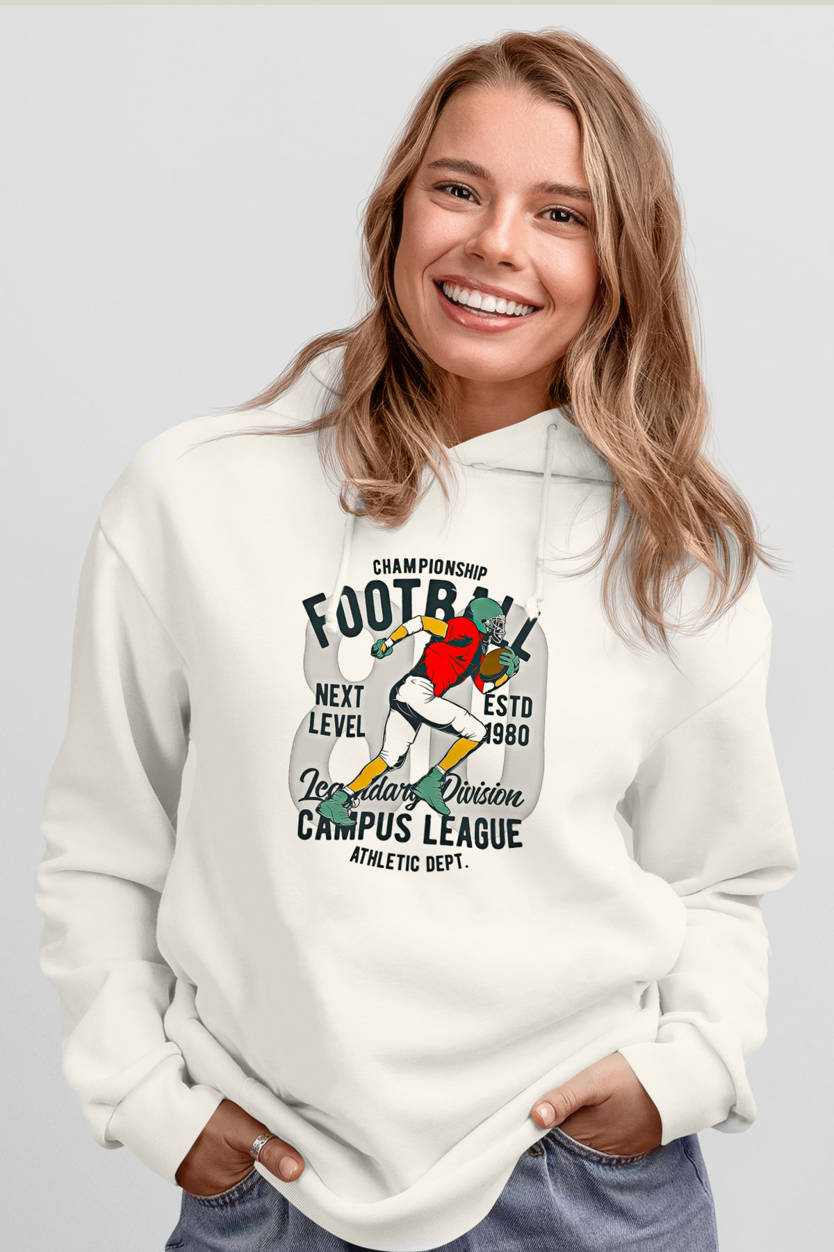 Rugby Baskılı Unisex Ekru Hoodie