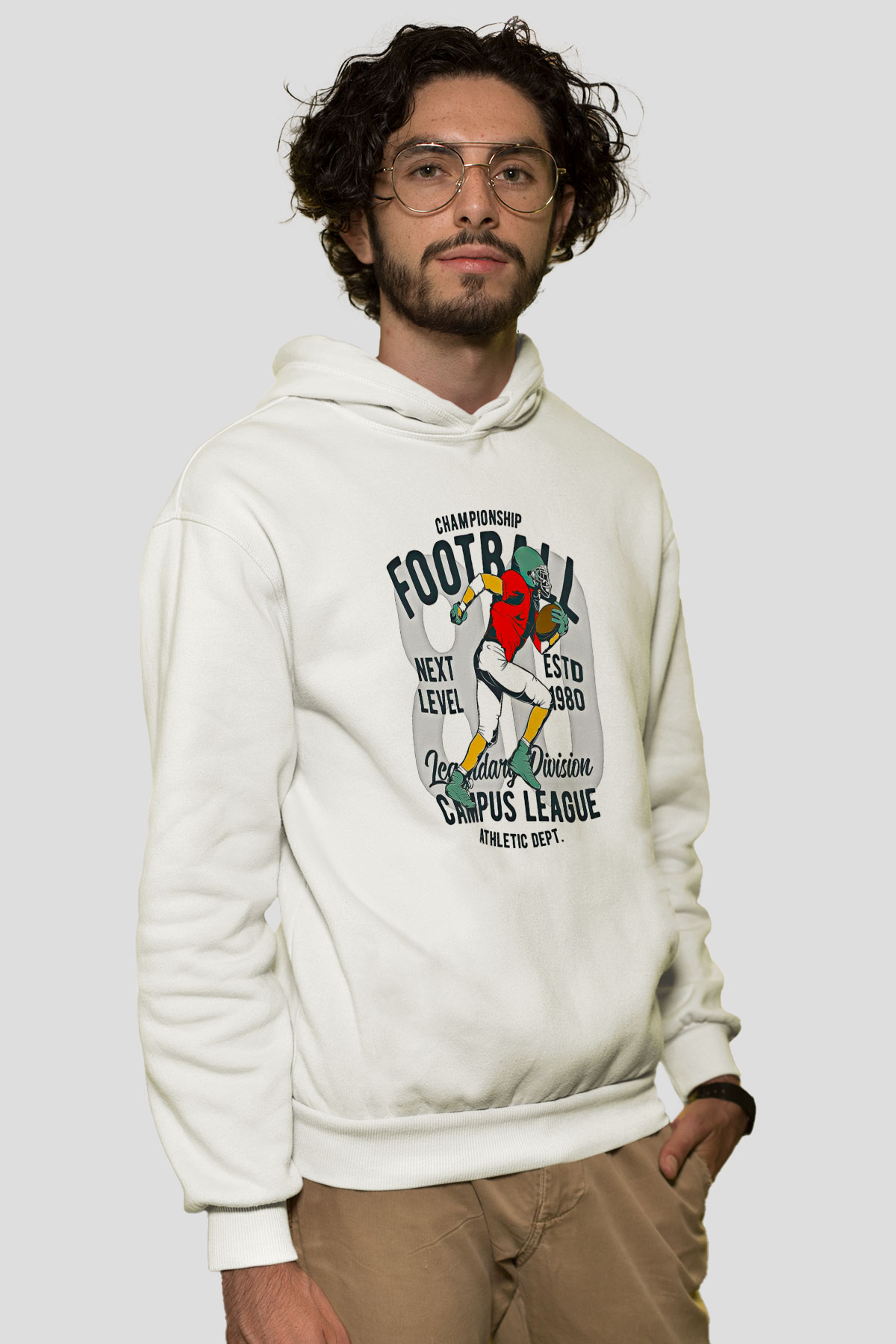 Rugby Baskılı Unisex Ekru Hoodie