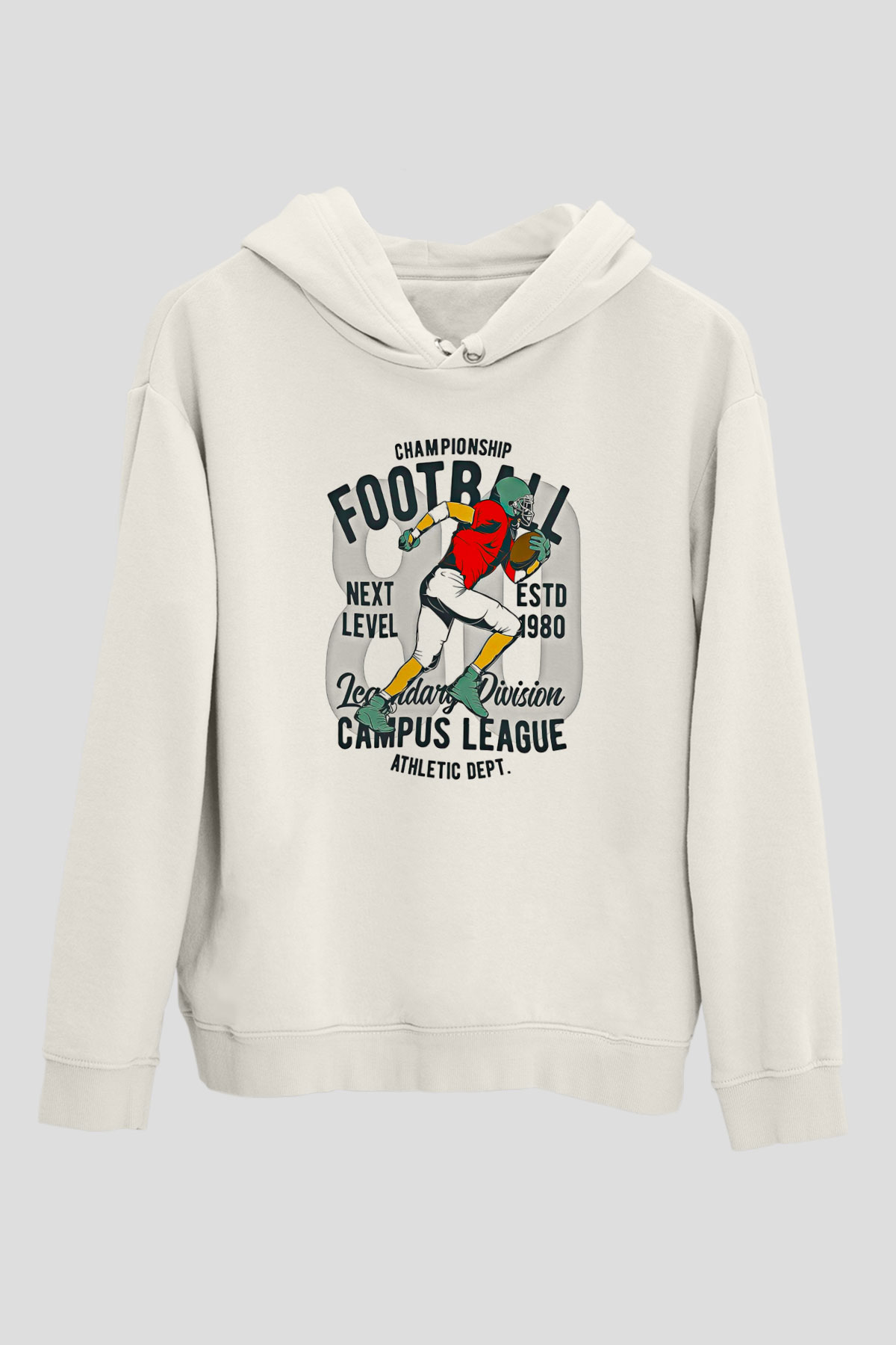 Rugby Baskılı Unisex Ekru Hoodie